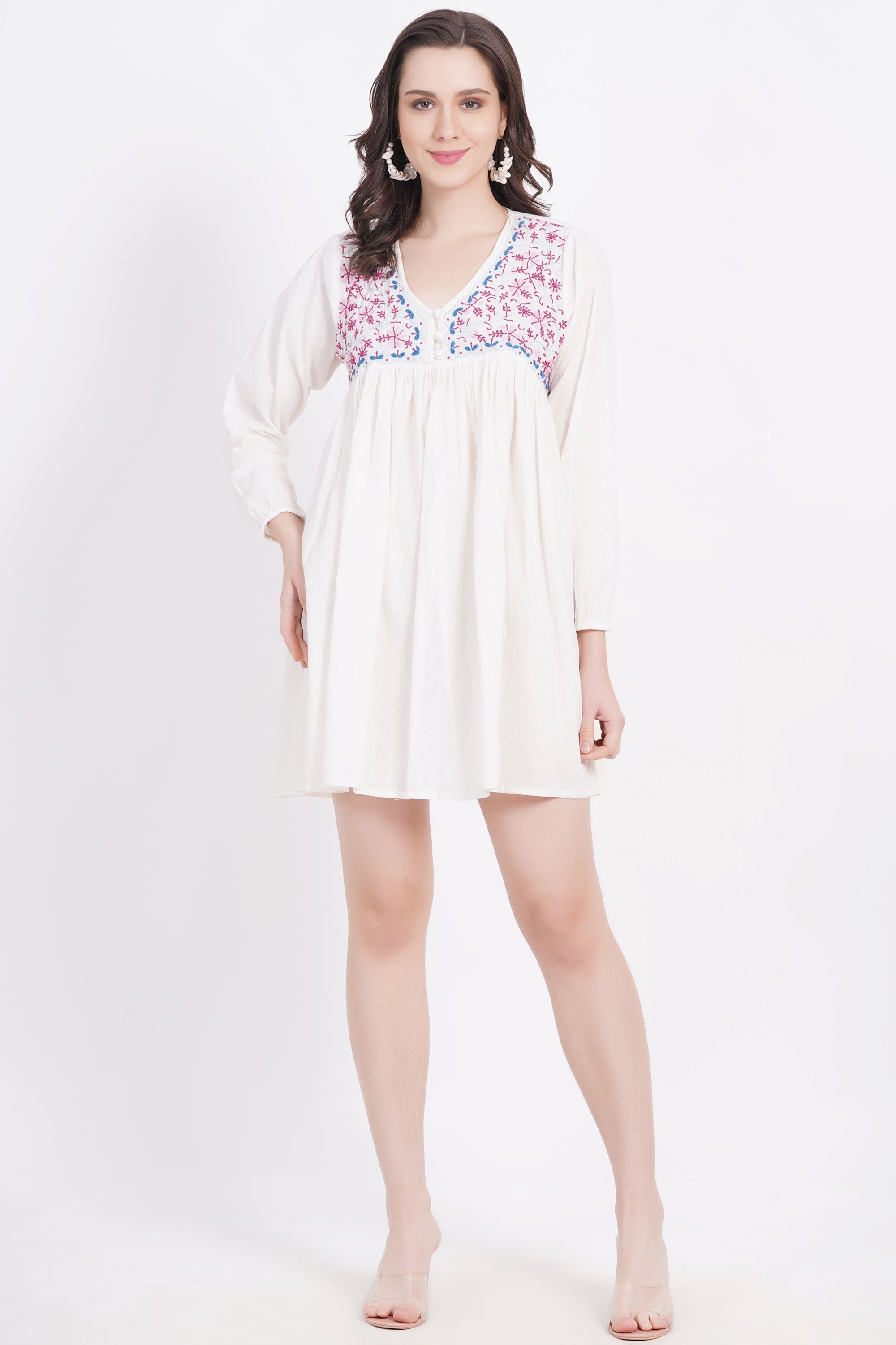 Women's White Chickankari Bedi Pati Paplum Kurti