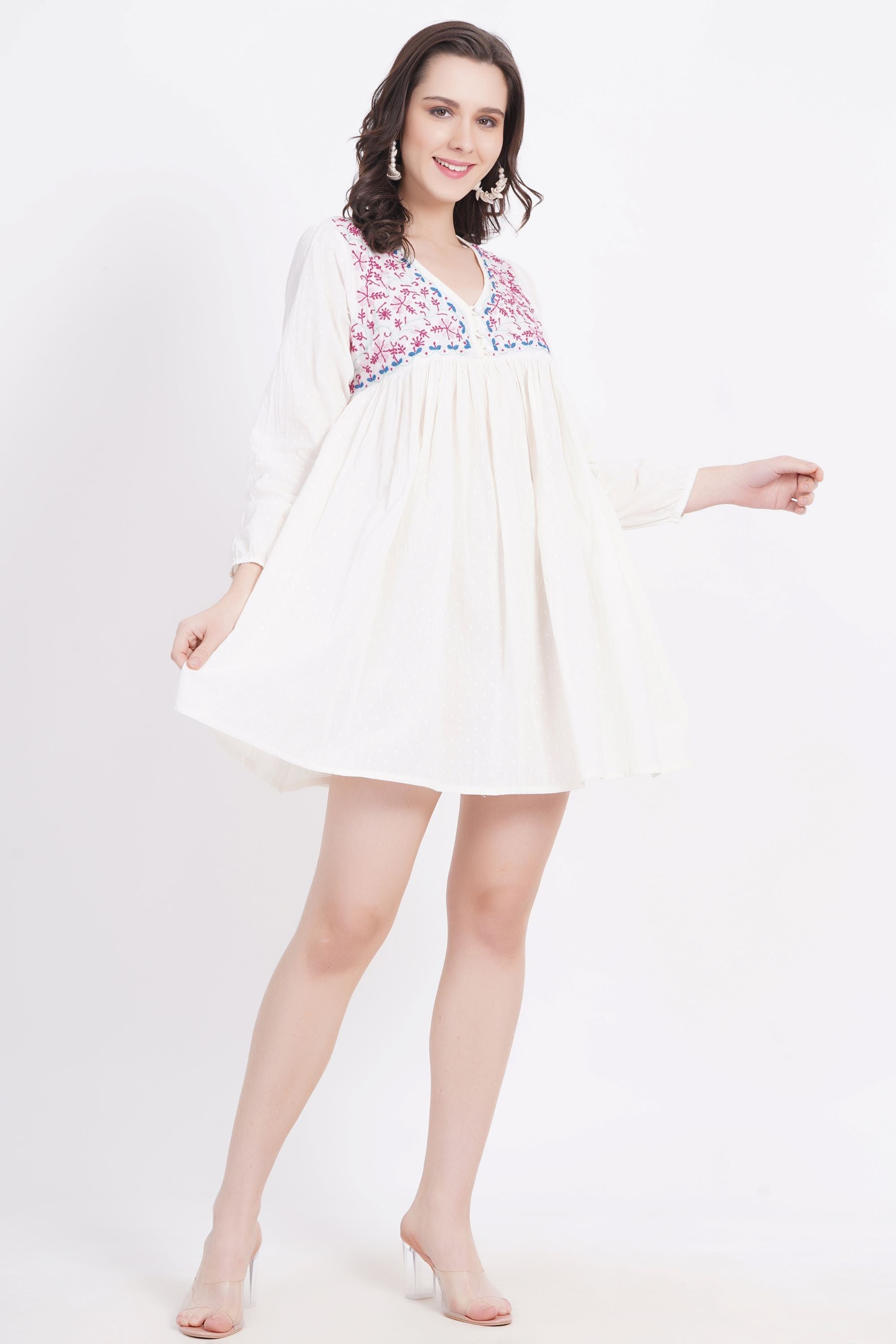 Women's White Chickankari Bedi Pati Paplum Kurti