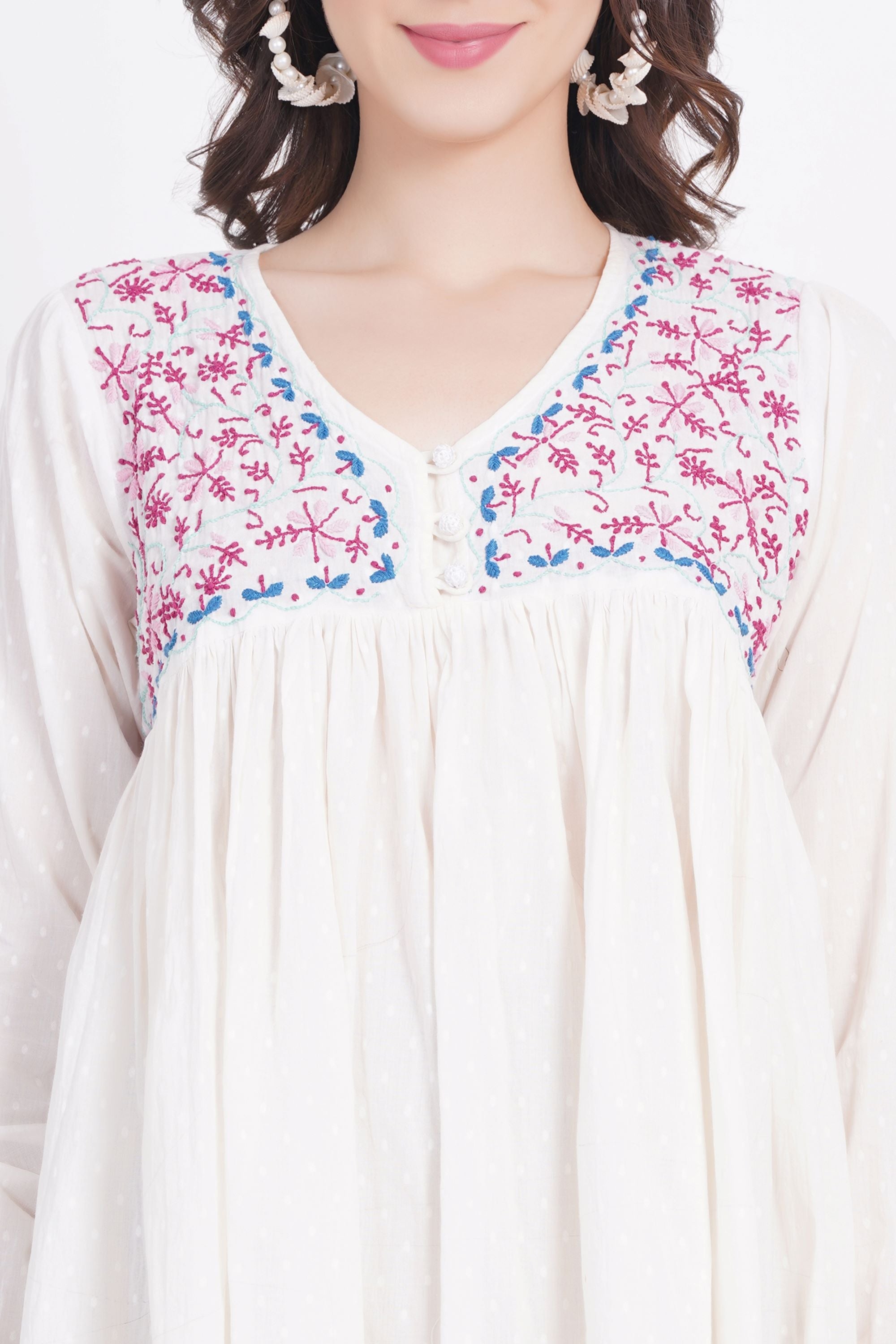 Women's White Chickankari Bedi Pati Paplum Kurti