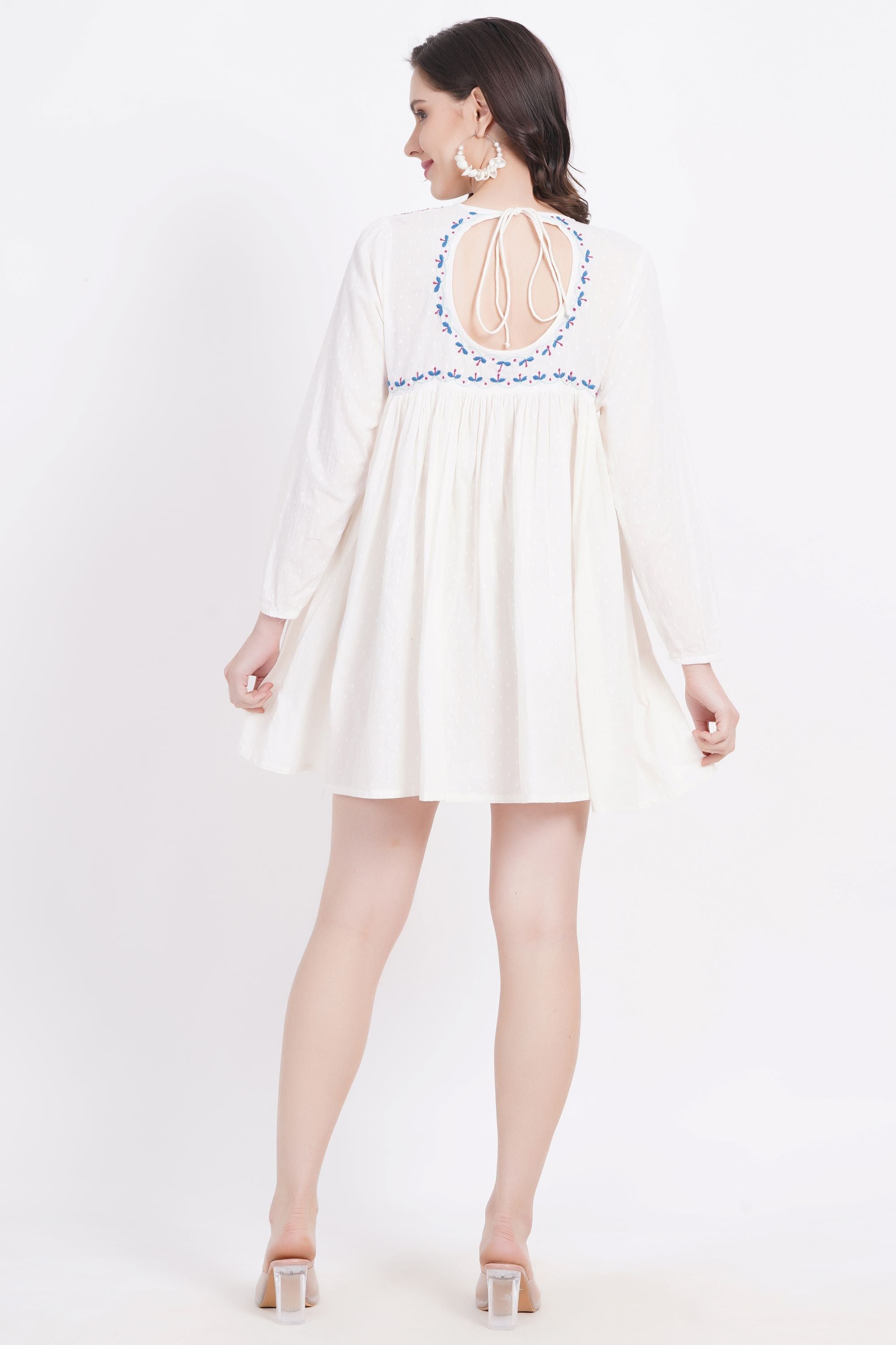 Women's White Chickankari Bedi Pati Paplum Kurti