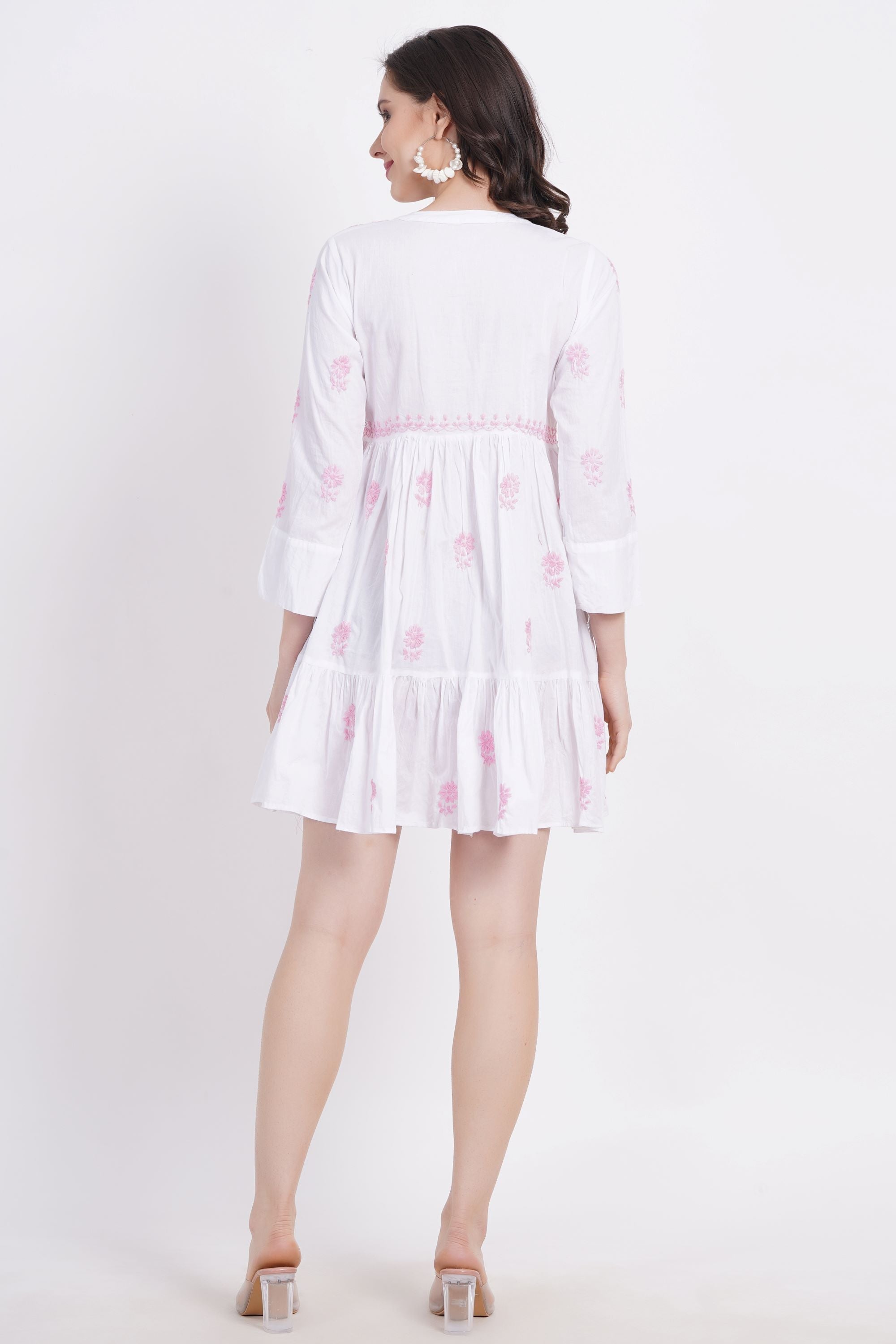 Women's White Chickankari Ghas Pati Paplum Kurti
