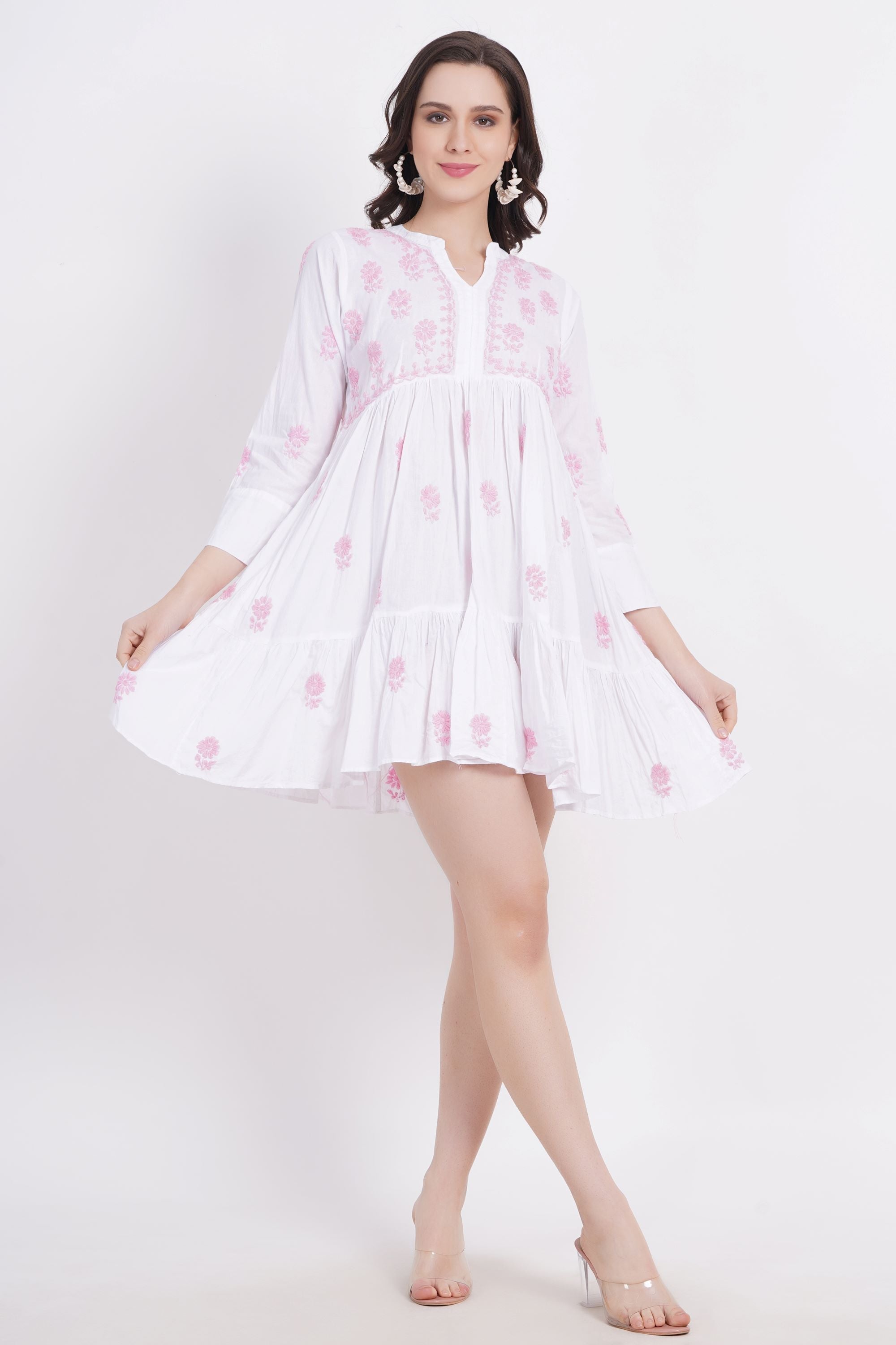Women's White Chickankari Ghas Pati Paplum Kurti