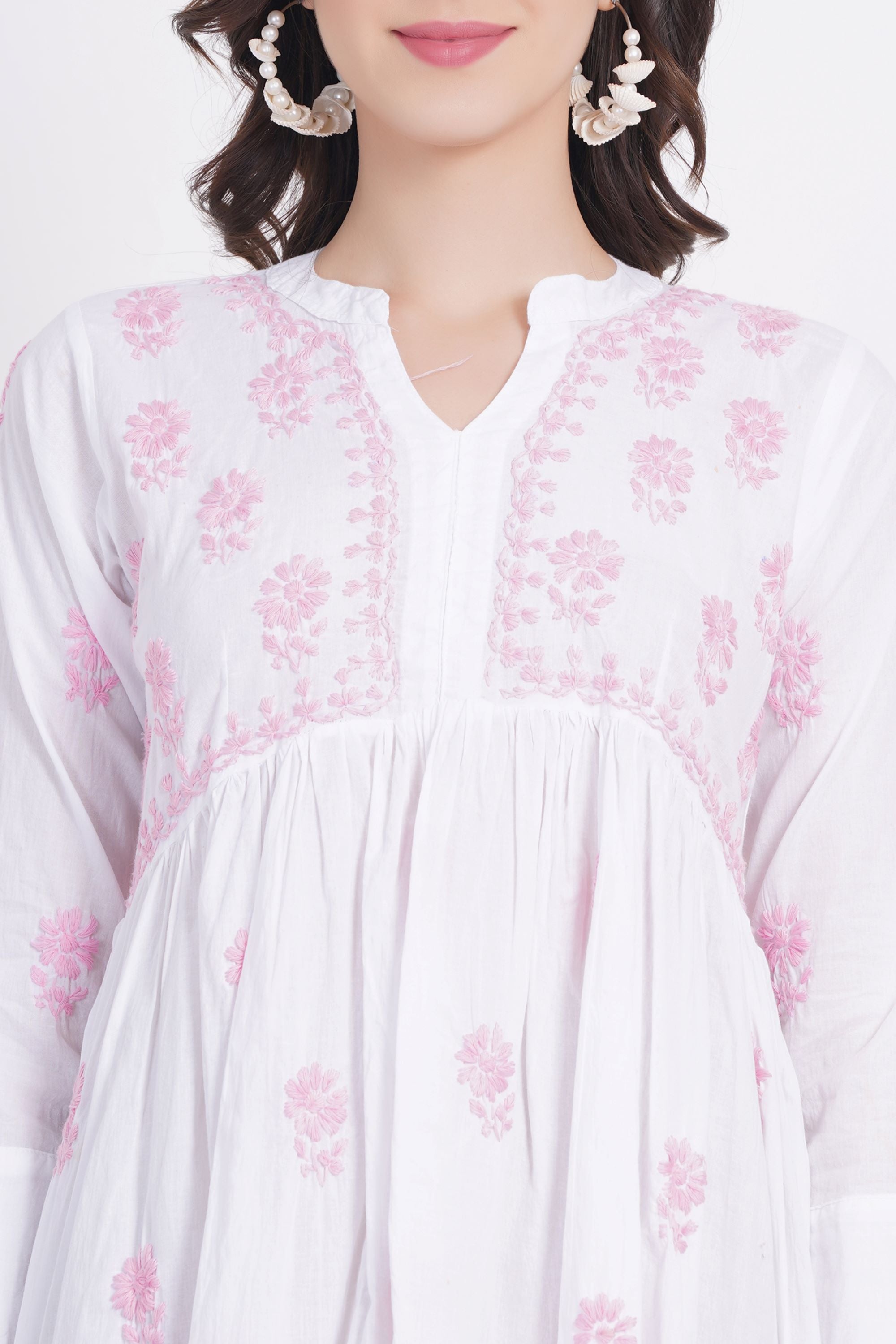 Women's White Chickankari Ghas Pati Paplum Kurti