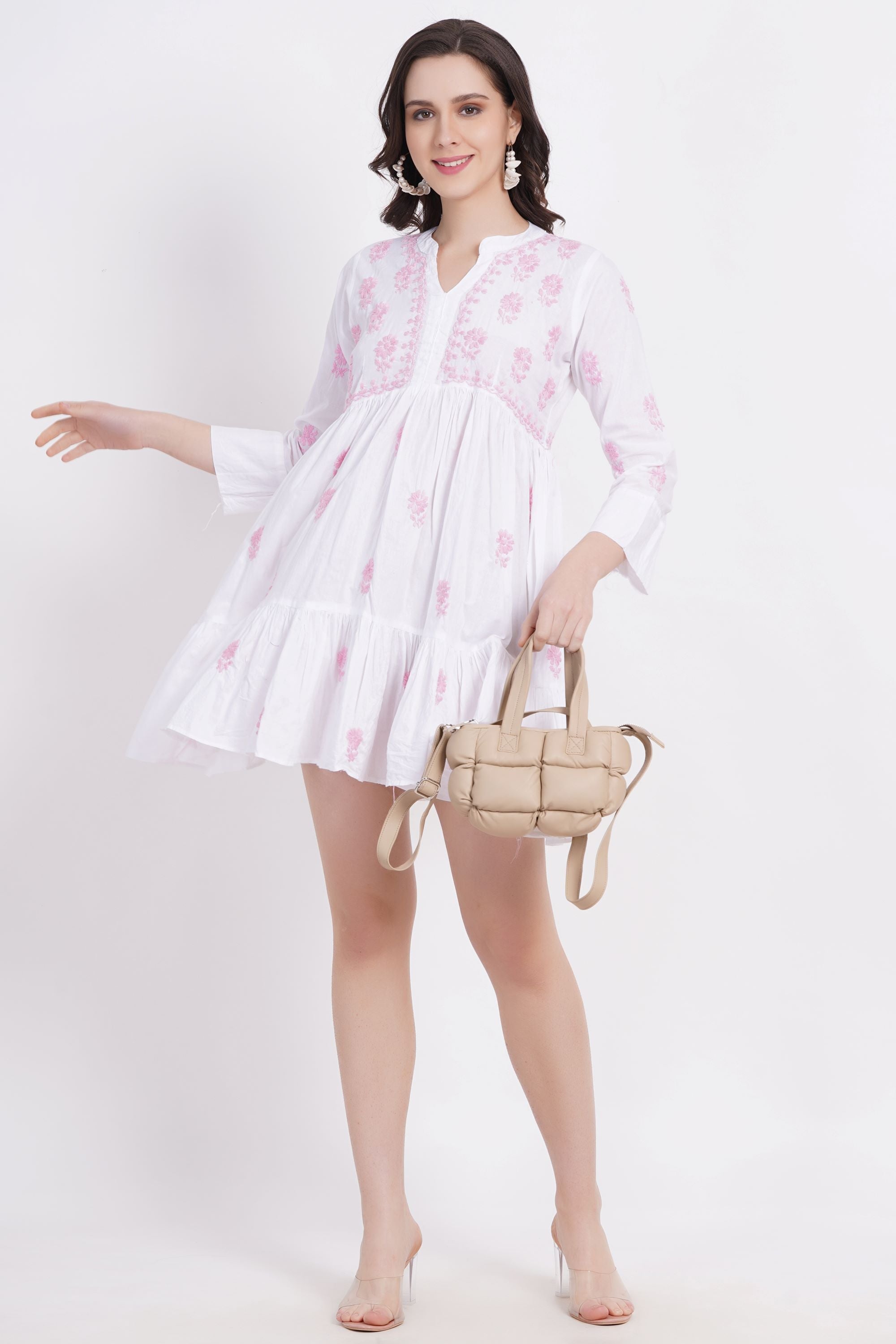 Women's White Chickankari Ghas Pati Paplum Kurti