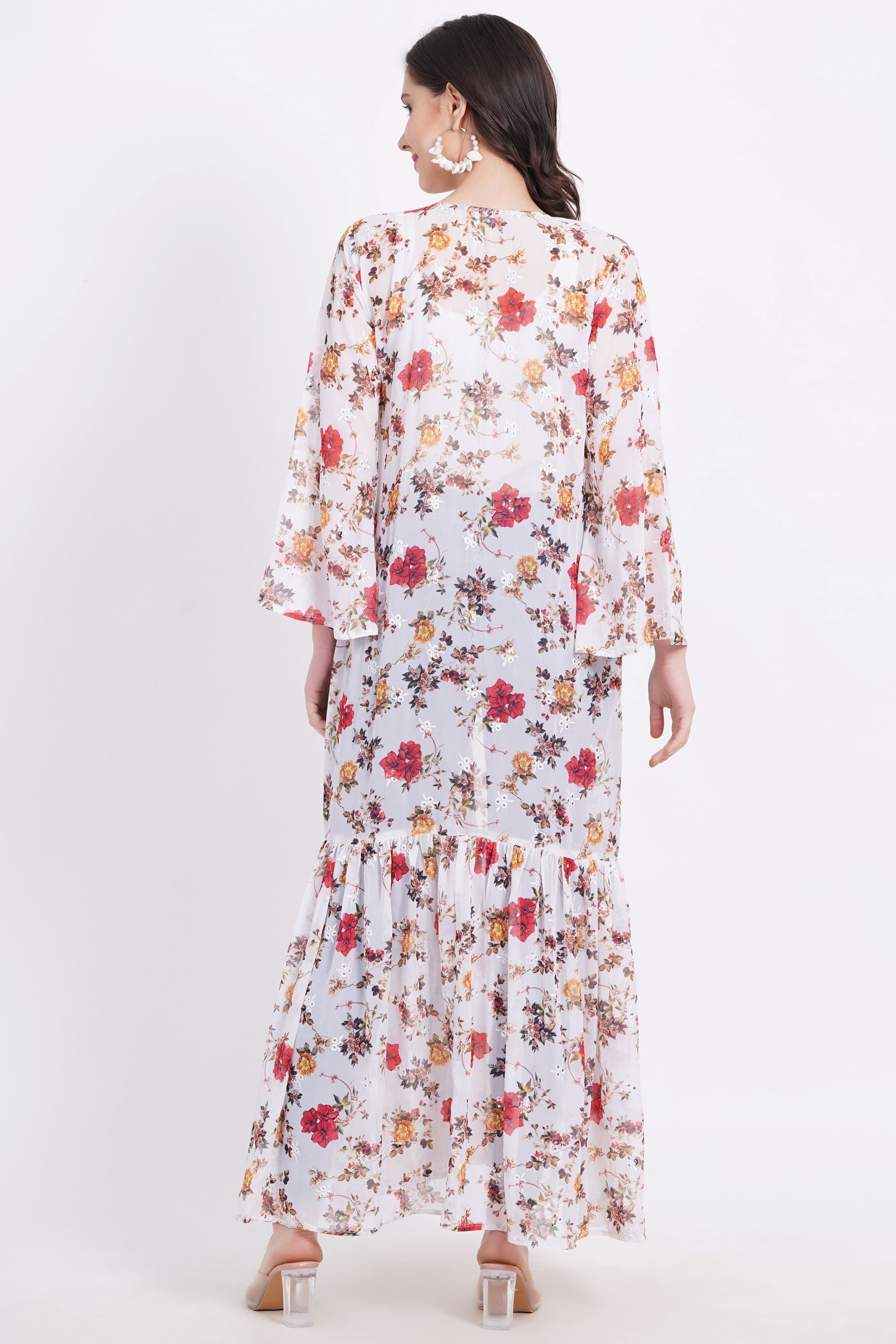 Women's Cream Color Red Motif Printed Shrug