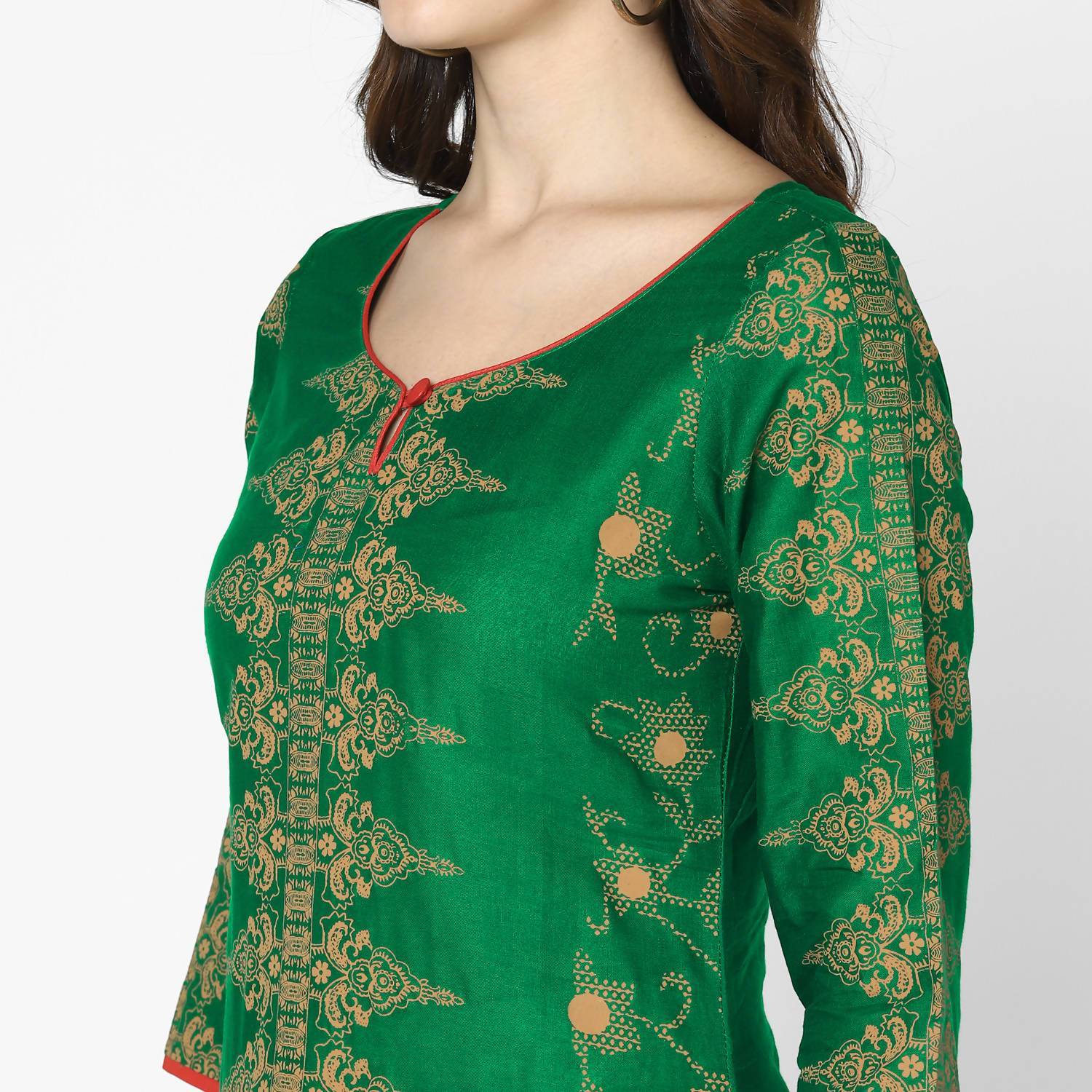 Women's Bottle Green 100% Cotton Hand Block Print Straight Kurta Only