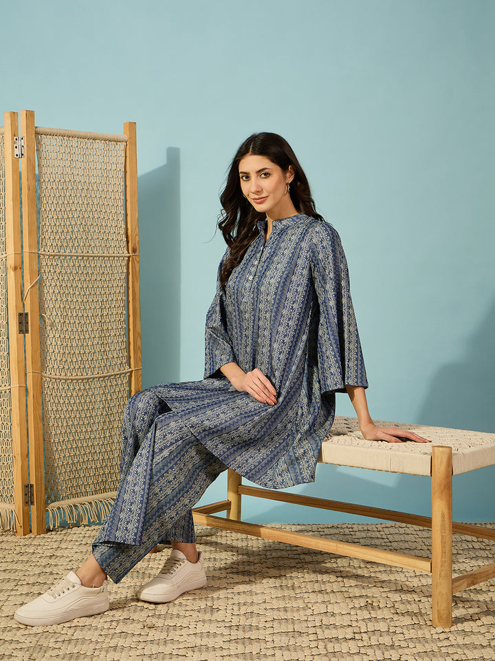 Women's Blue Cotton Printed Night Suit