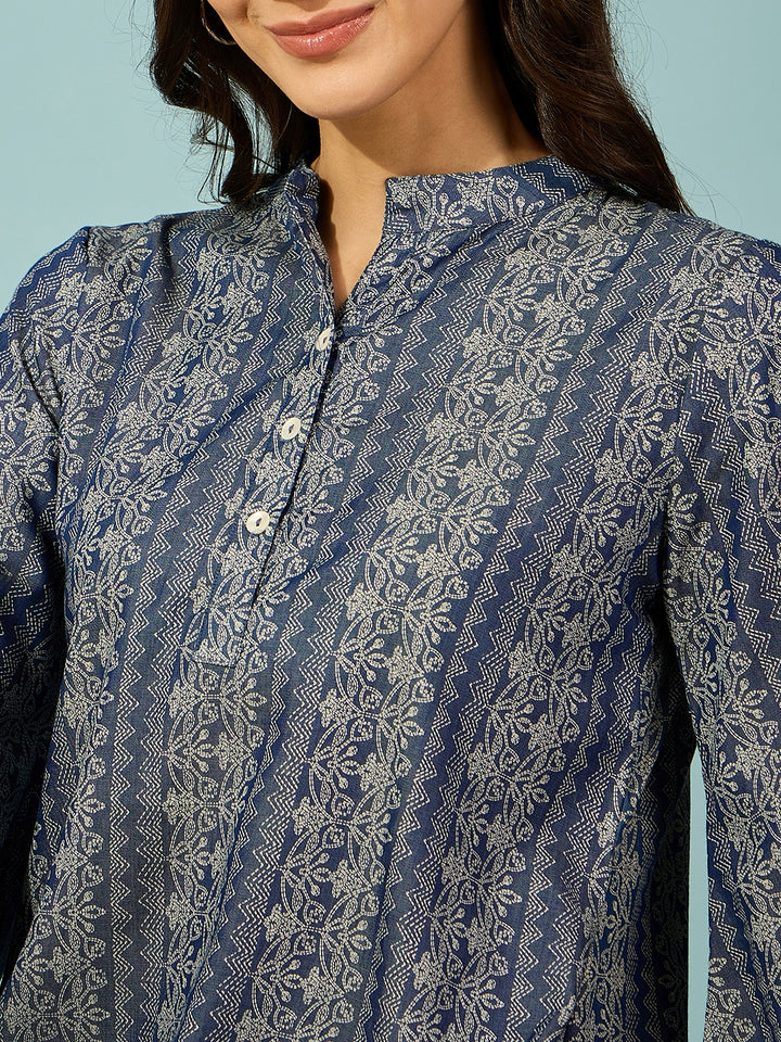 Women's Blue Cotton Printed Night Suit