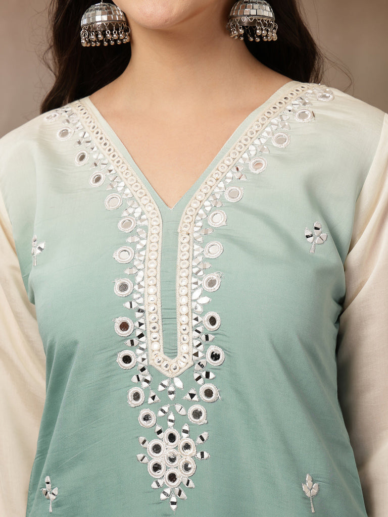 Women's Aqua Solid & Mirror Work Silk Blend Co-Ords Set