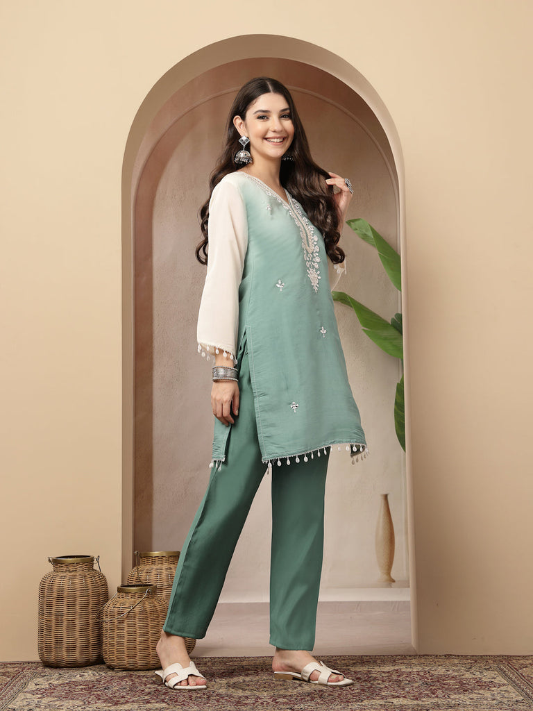 Women's Aqua Solid & Mirror Work Silk Blend Co-Ords Set