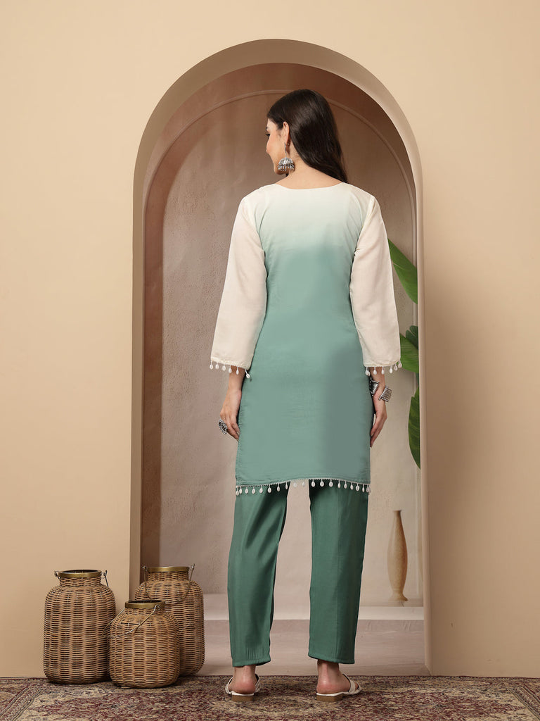 Women's Aqua Solid & Mirror Work Silk Blend Co-Ords Set
