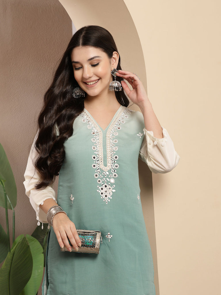 Women's Aqua Solid & Mirror Work Silk Blend Co-Ords Set