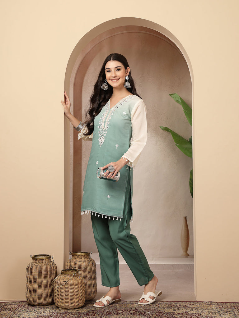 Women's Aqua Solid & Mirror Work Silk Blend Co-Ords Set