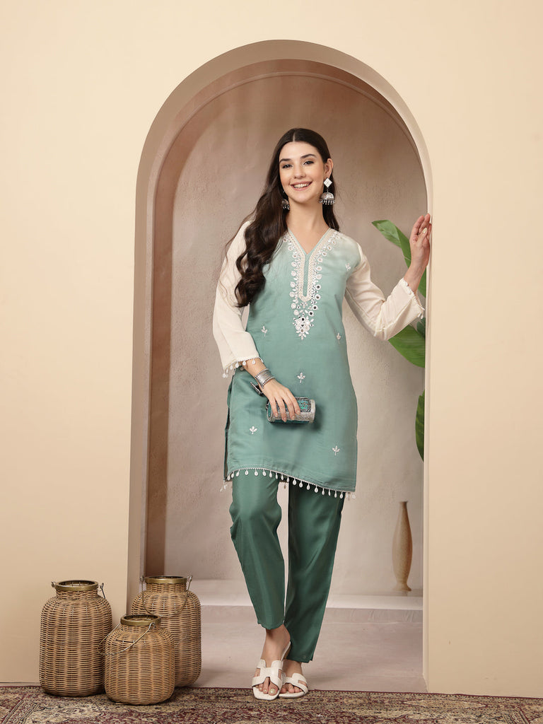 Women's Aqua Solid & Mirror Work Silk Blend Co-Ords Set