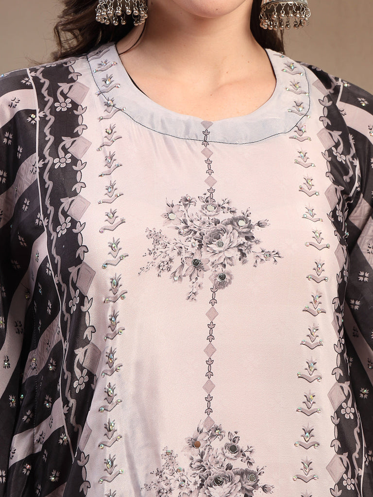 Women's Black Mirror Work Printed Silk Blend Co-Ord Set