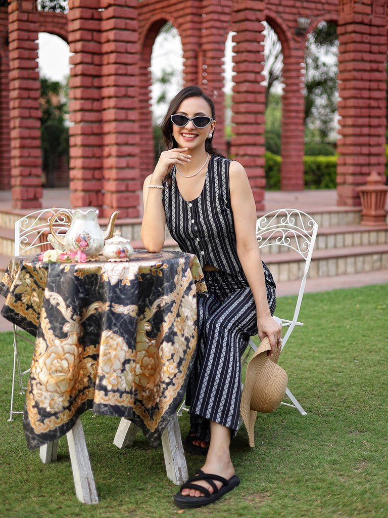 Women's Black Printed Cotton Blend Co-Ords Set