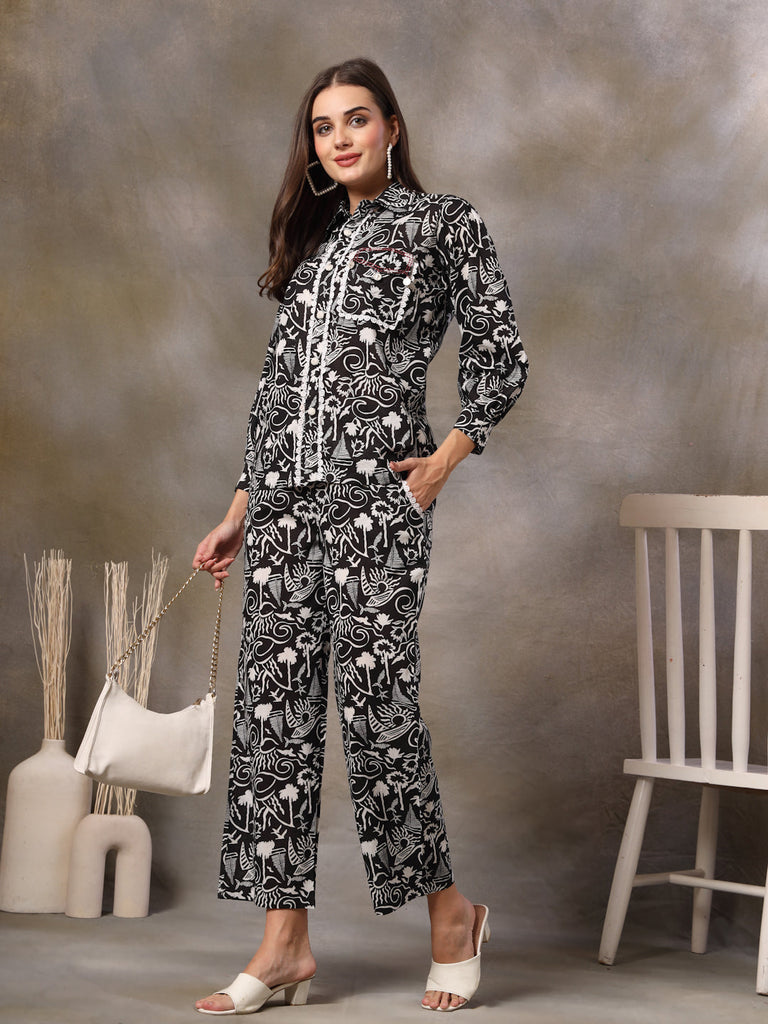 Women's Black Abstarct Printed Cotton Co-Ord Set