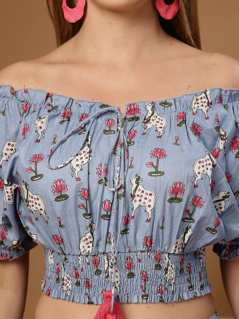 Women's Blue Animal Printed Cotton Co-Ord Set