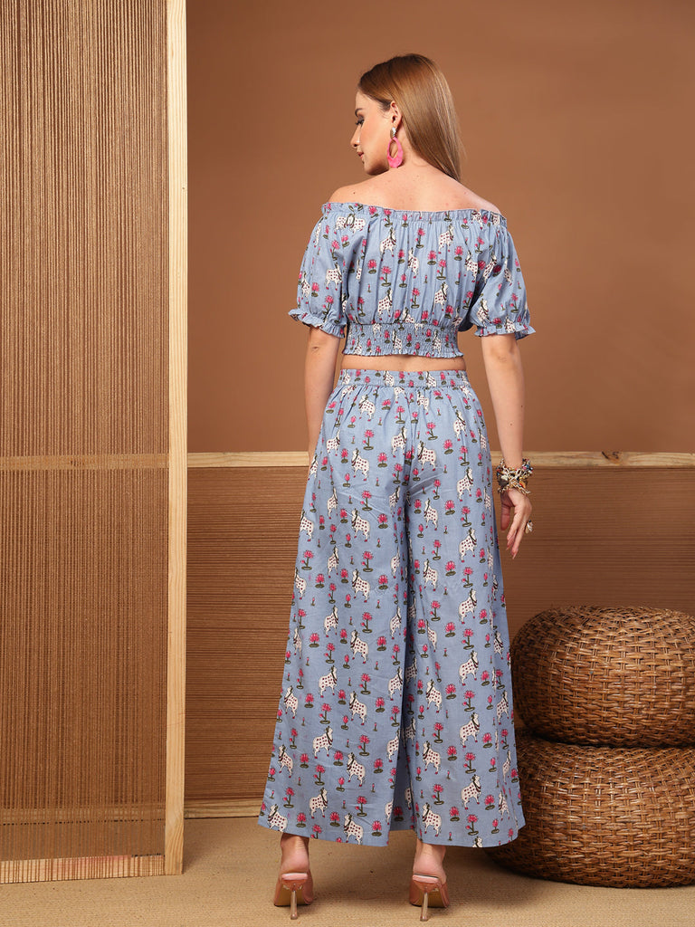 Women's Blue Animal Printed Cotton Co-Ord Set