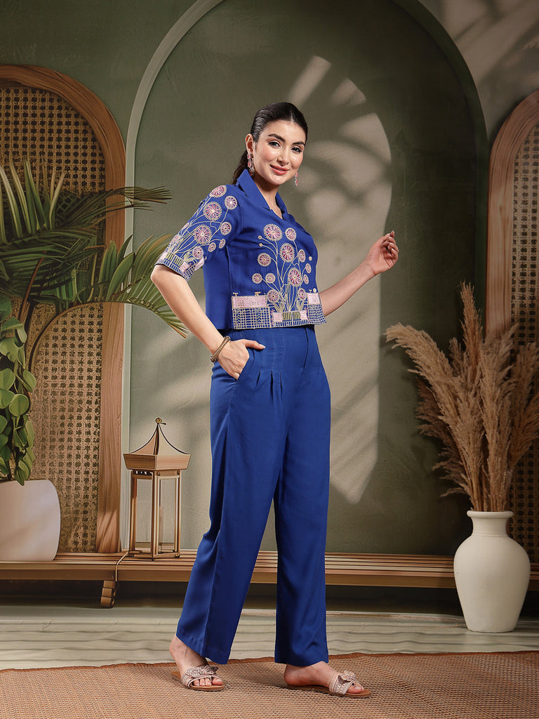 Women's Blue Solid & Embroidered Rayon Co-Ord Set