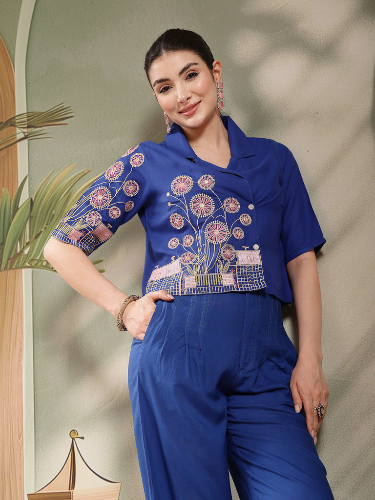 Women's Blue Solid & Embroidered Rayon Co-Ord Set
