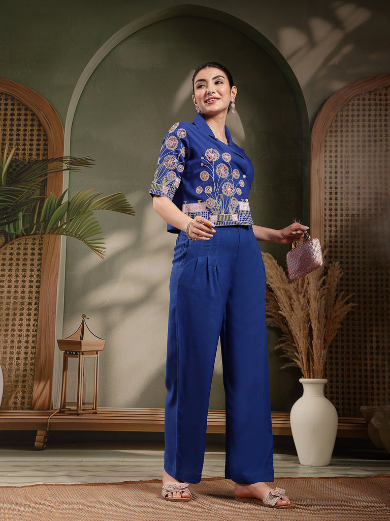 Women's Blue Solid & Embroidered Rayon Co-Ord Set