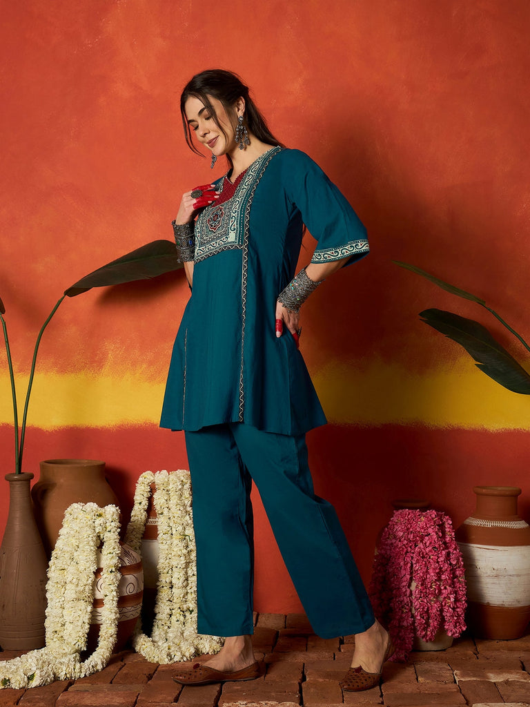 Women's Blue Solid Cotton Co-Ord Set