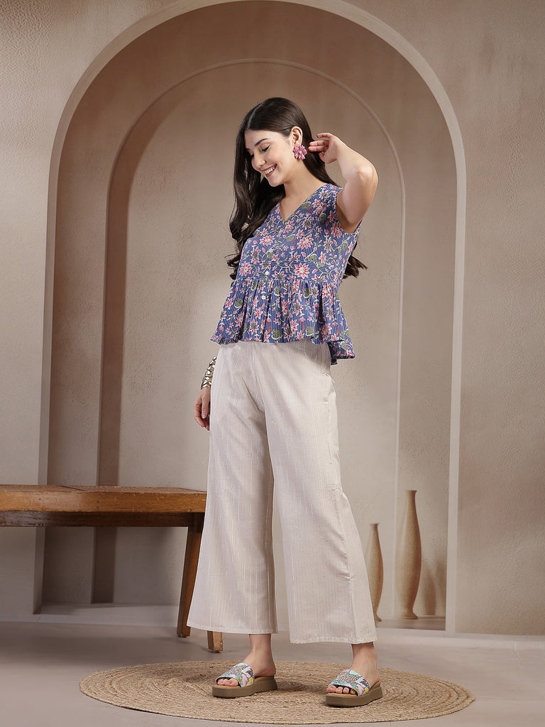 Women's Blue Floral Printed Katha Cotton Co-Ord Set