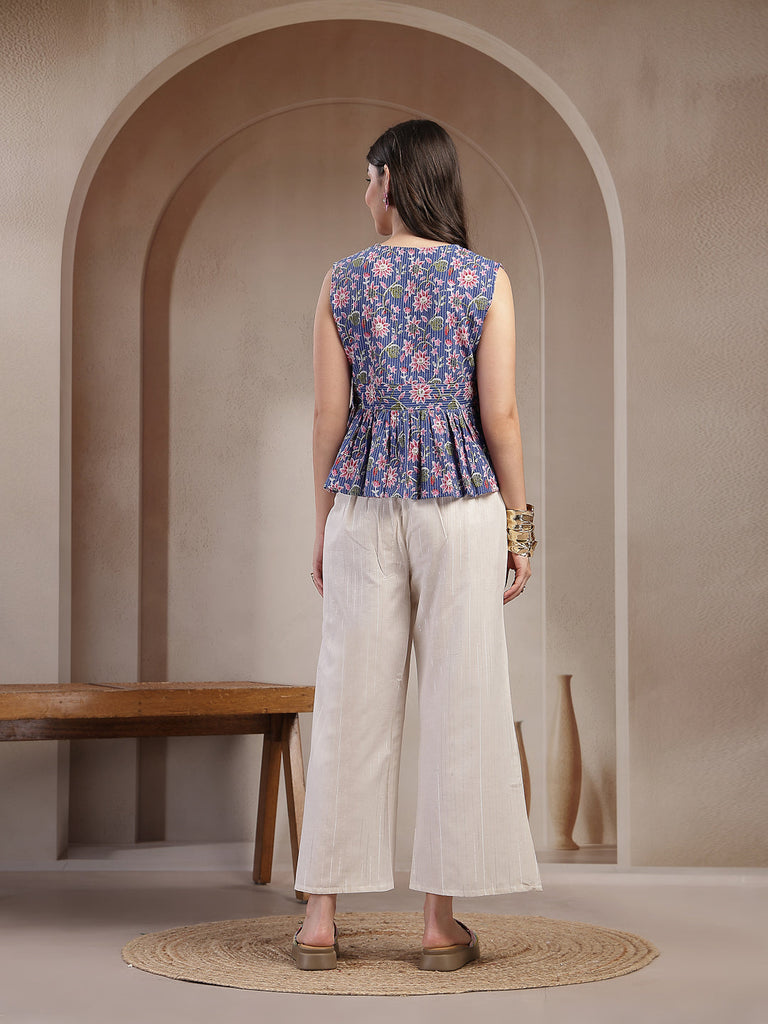 Women's Blue Floral Printed Katha Cotton Co-Ord Set