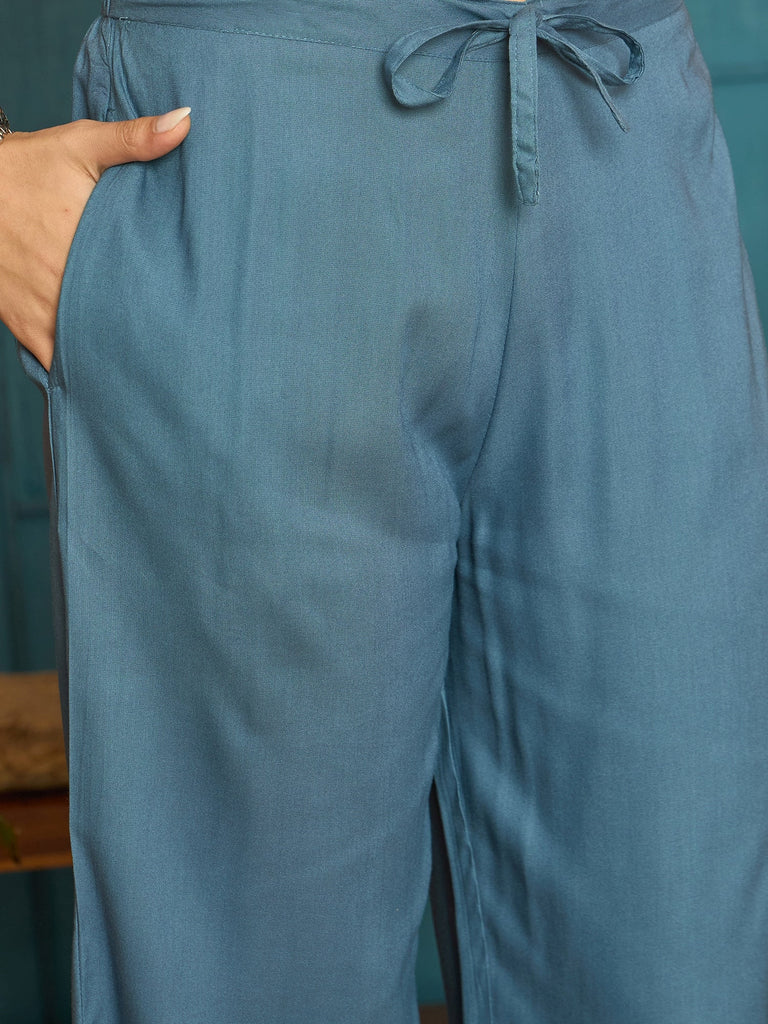Women's Blue Solid & Embroidered Cotton Co-Ords Set