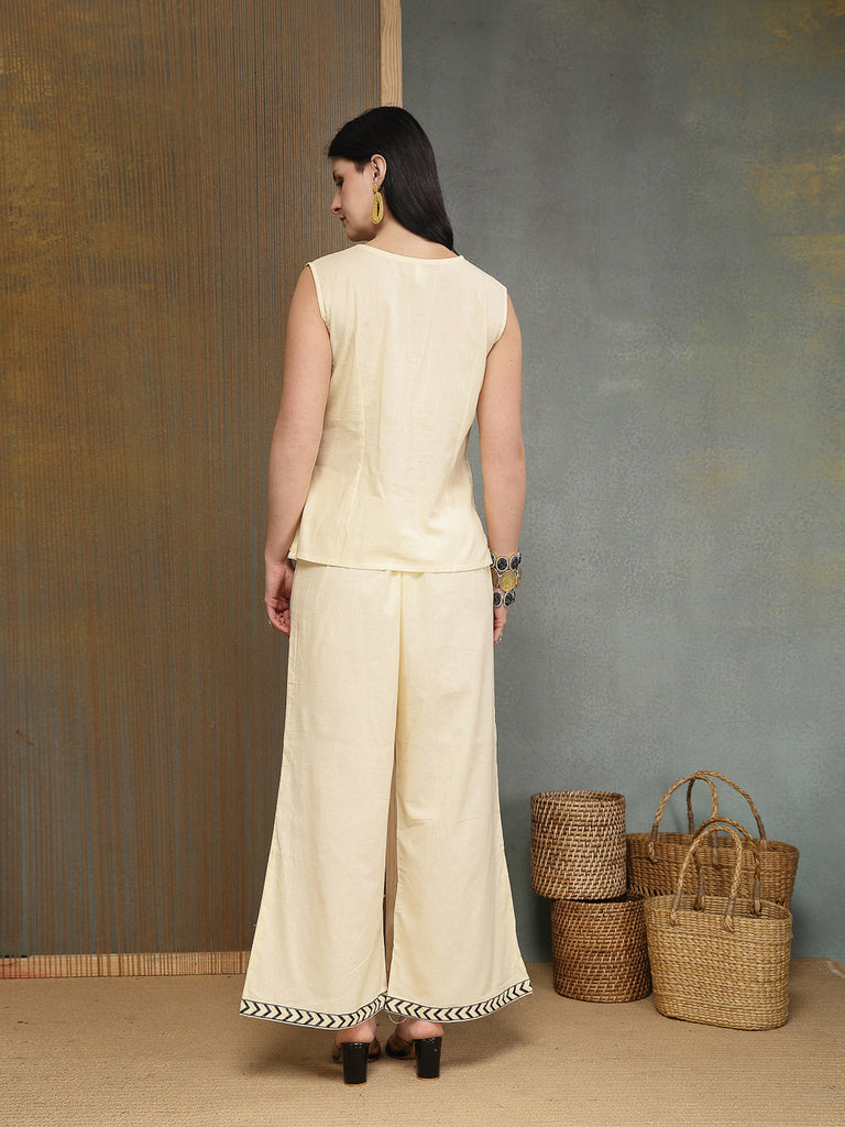 Women's Cream Solid Cotton Co-Ord Set