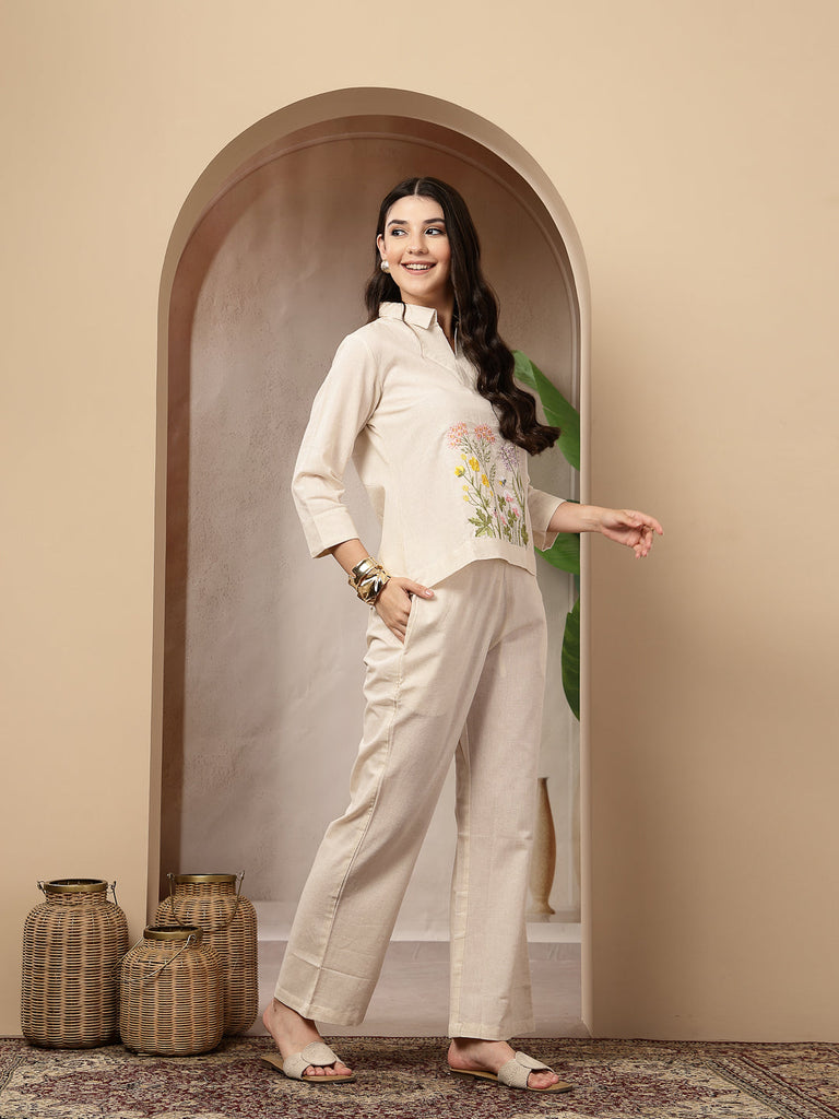 Women's Cream Solid & Embroidered Cotton Co-Ord Set