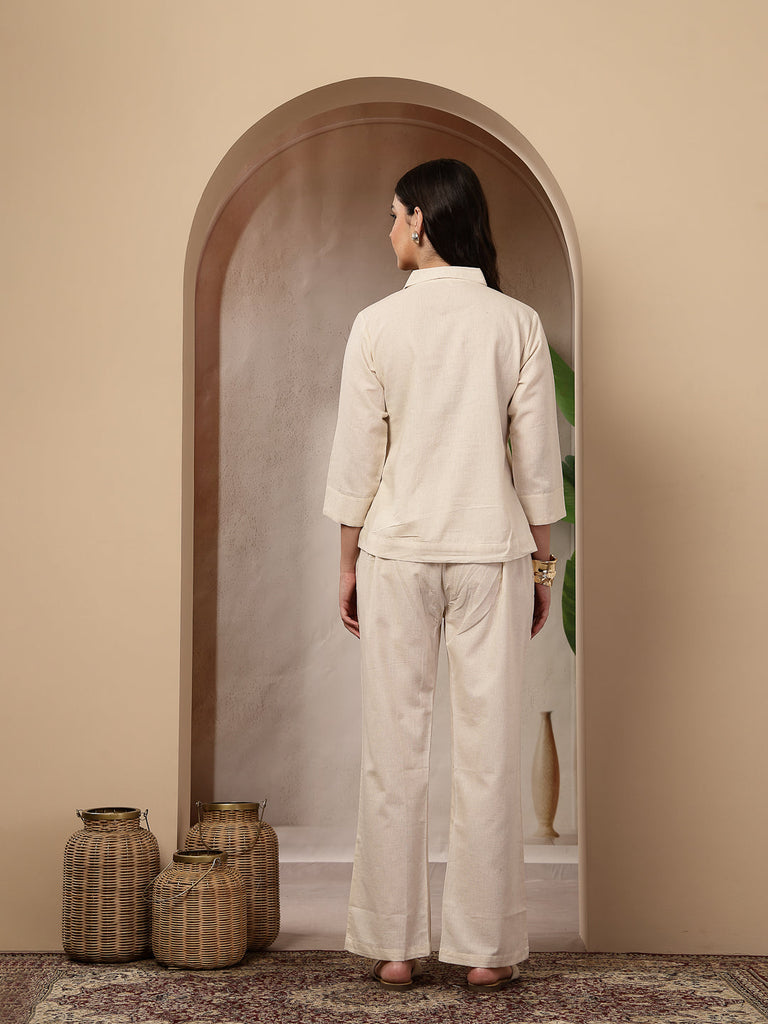 Women's Cream Solid & Embroidered Cotton Co-Ord Set