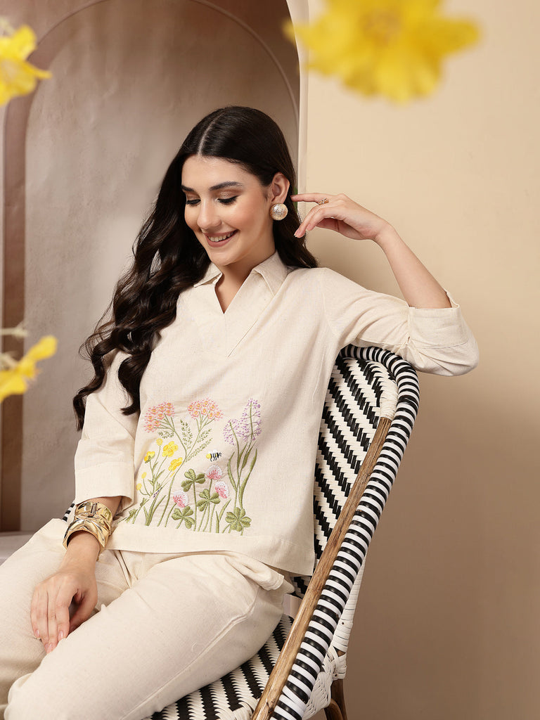 Women's Cream Solid & Embroidered Cotton Co-Ord Set