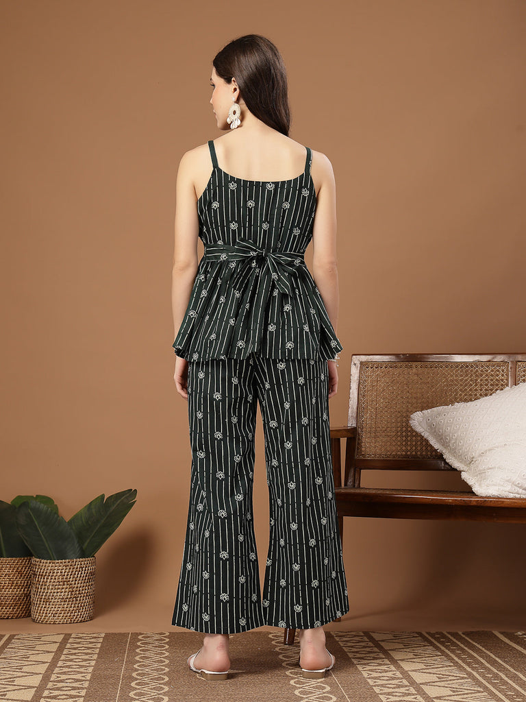 Women's Green Striped Printed Cotton Co-Ords Set