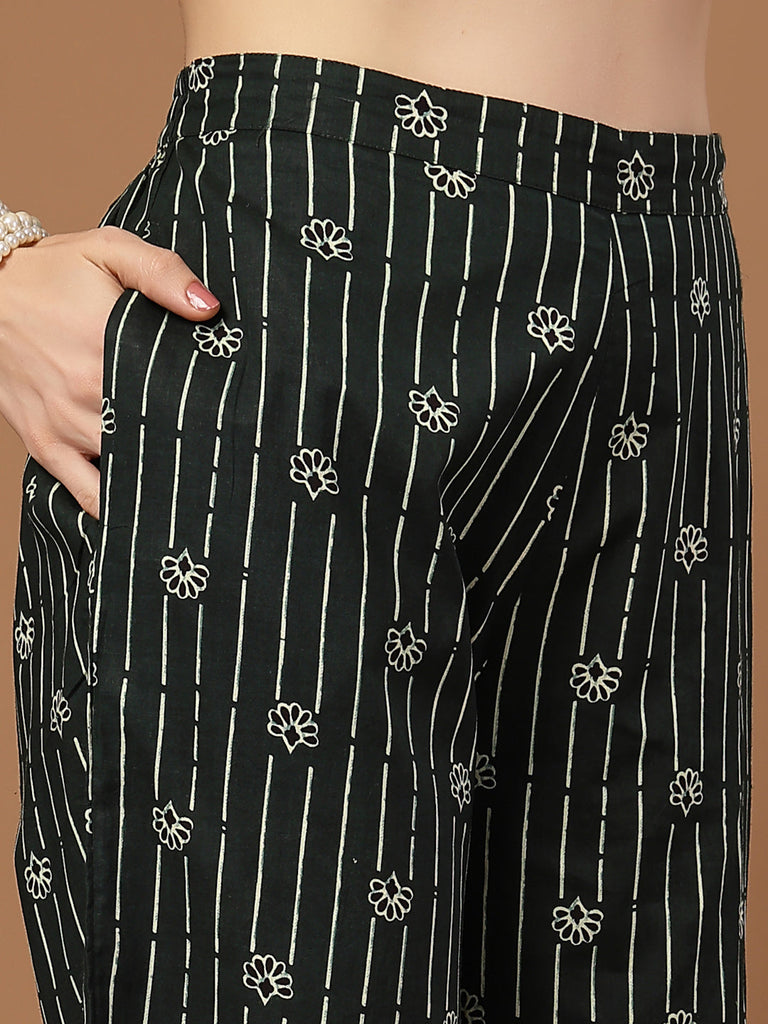 Women's Green Striped Printed Cotton Co-Ords Set