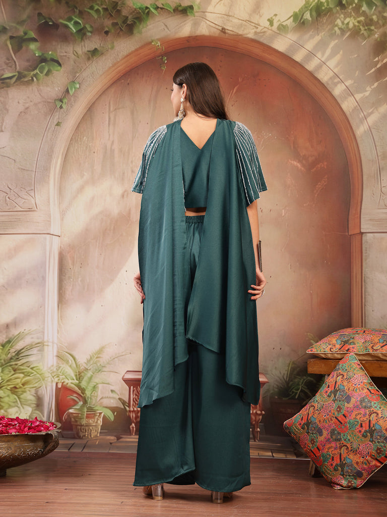 Women's Green Solid & Embroidered Poly Georgette Co-Ords Set