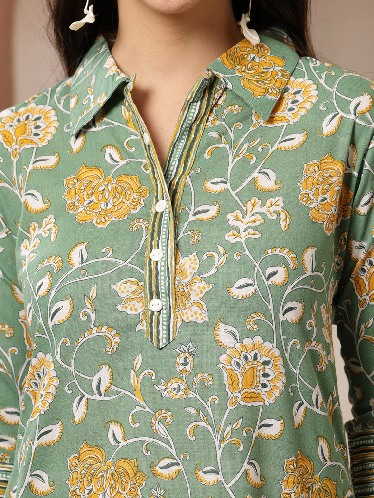 Women's Green Floral Printed Cotton Co-Ords Set