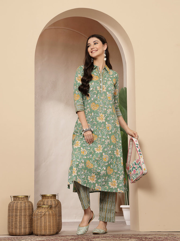 Women's Green Floral Printed Cotton Co-Ords Set