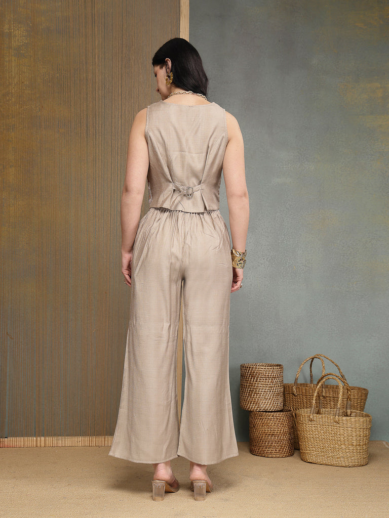 Women's Grey Solid & Embroidered Vertical Co-Ord Set