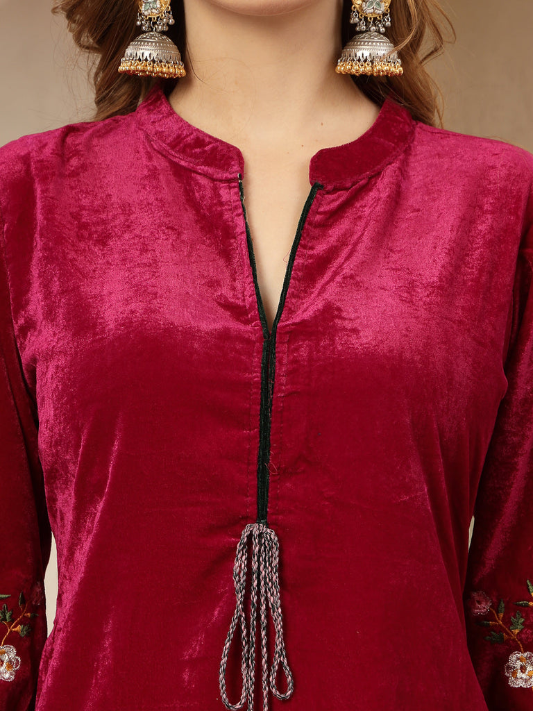 Women's Magenta Solid & Embroidered Velvet Co-Ord Set