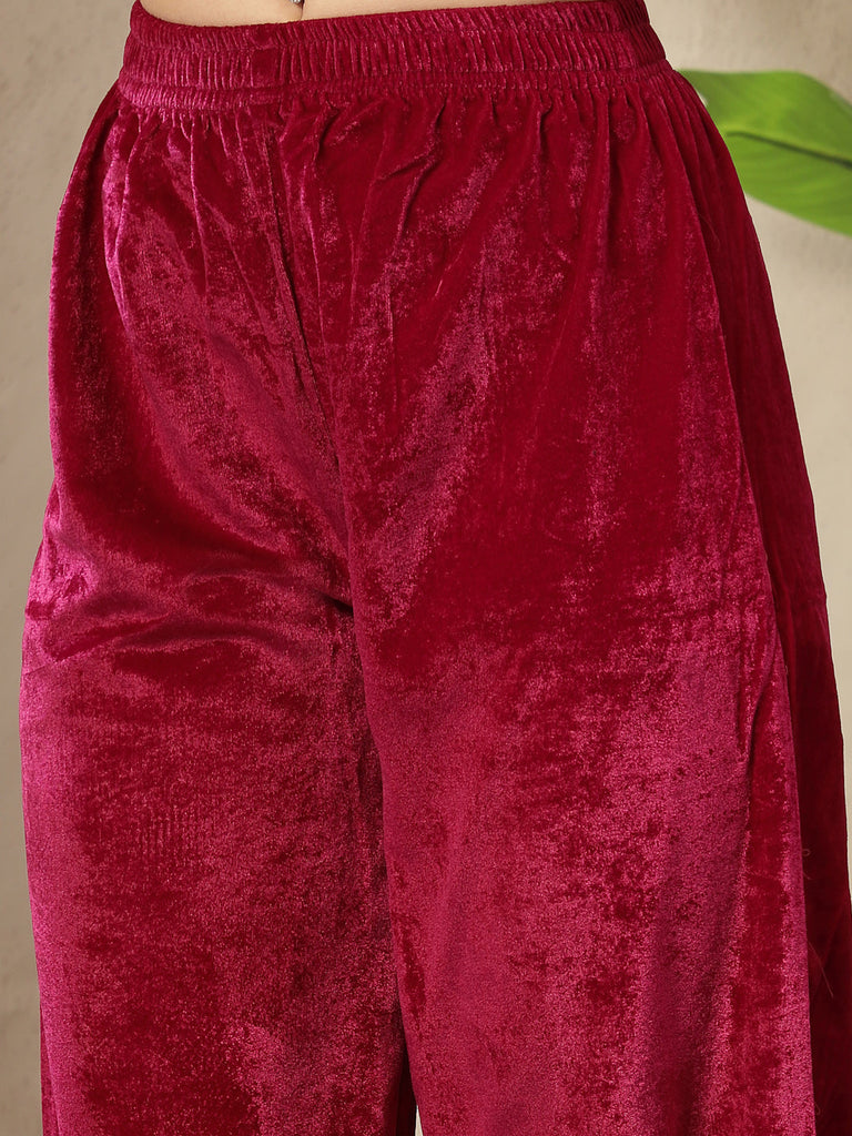Women's Magenta Solid & Embroidered Velvet Co-Ord Set