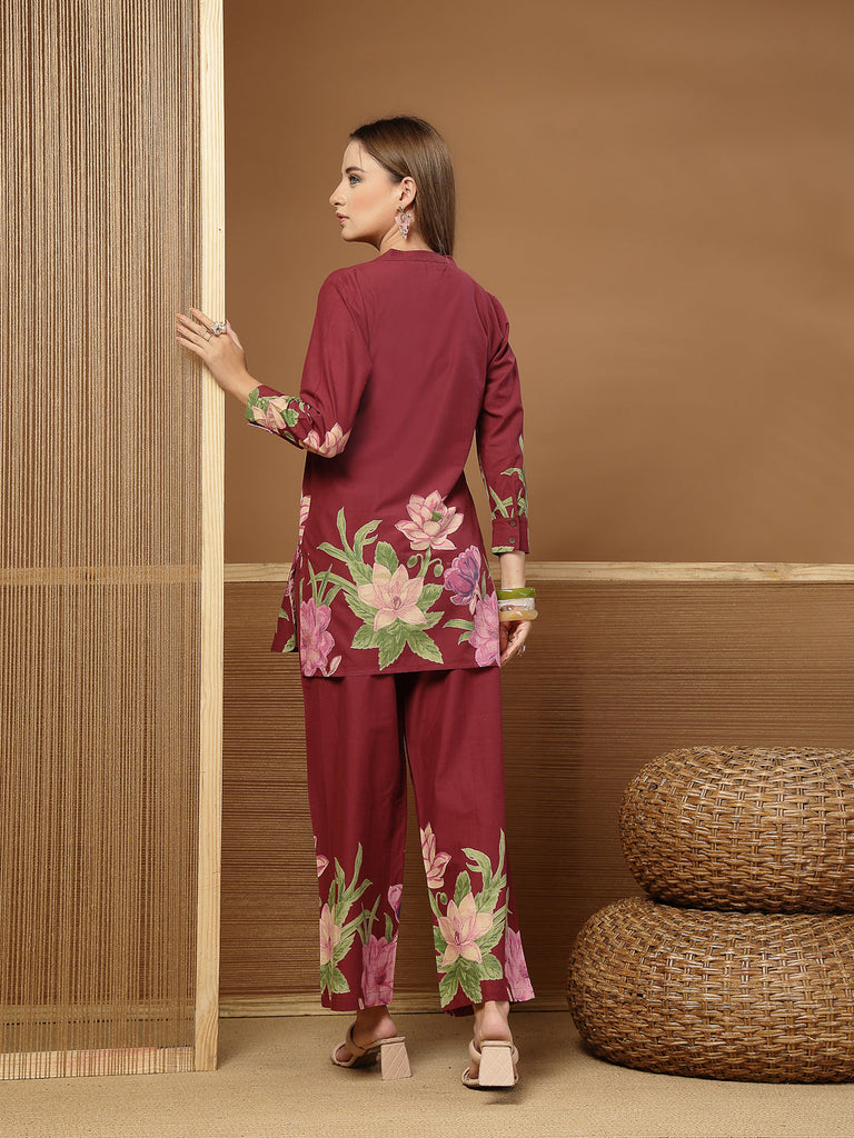 Women's Magenta Solid Cotton Co-Ord Set