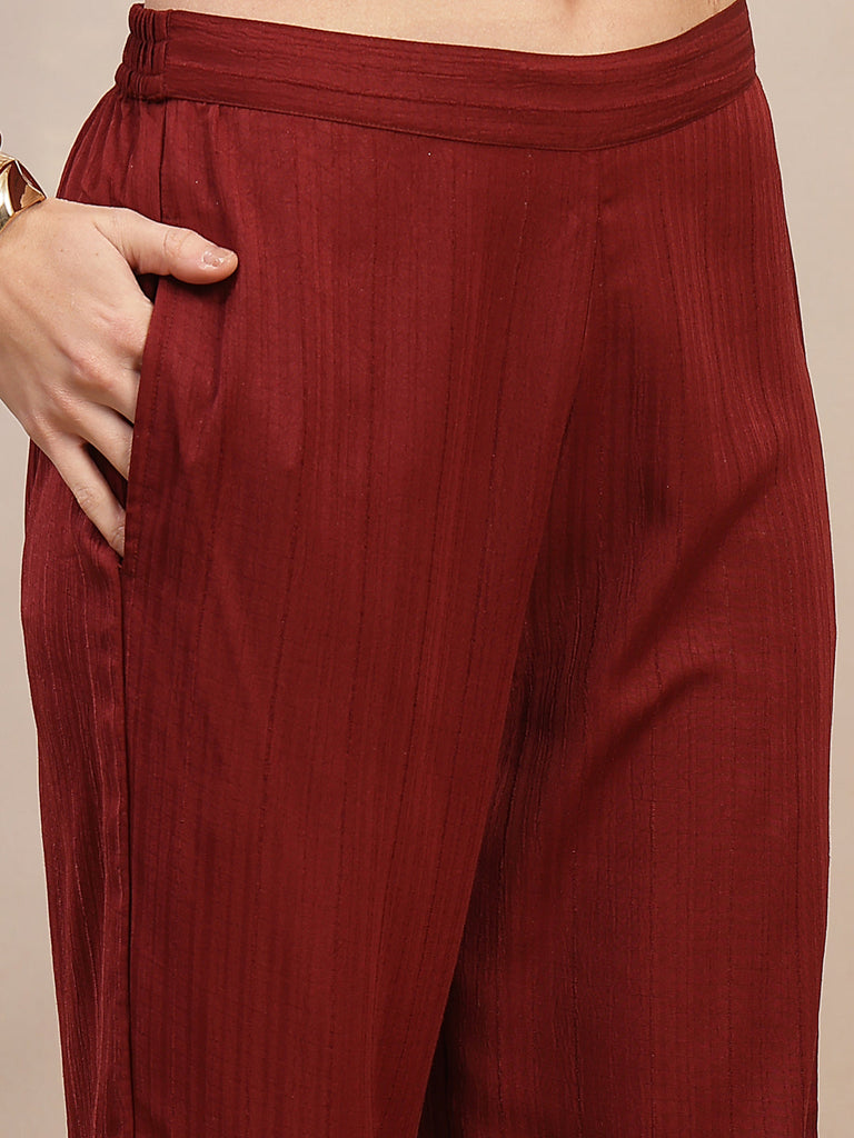Women's Maroon Solid Crepe Co-Ords Set