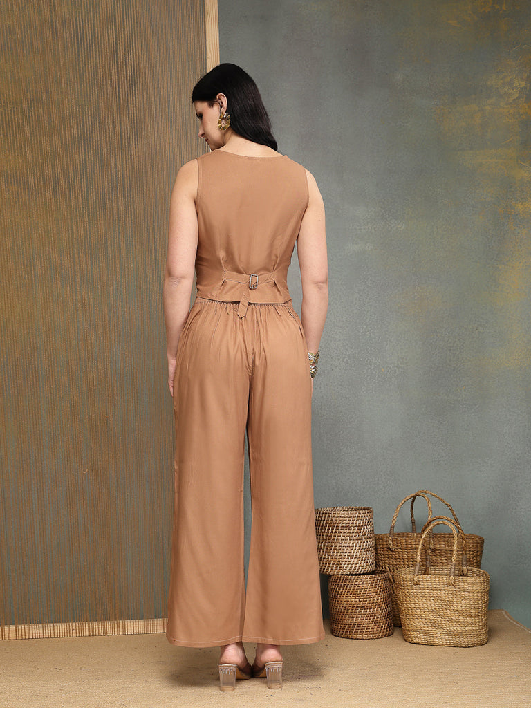 Women's Peach Solid & Embroidered Rayon Co-Ords Set