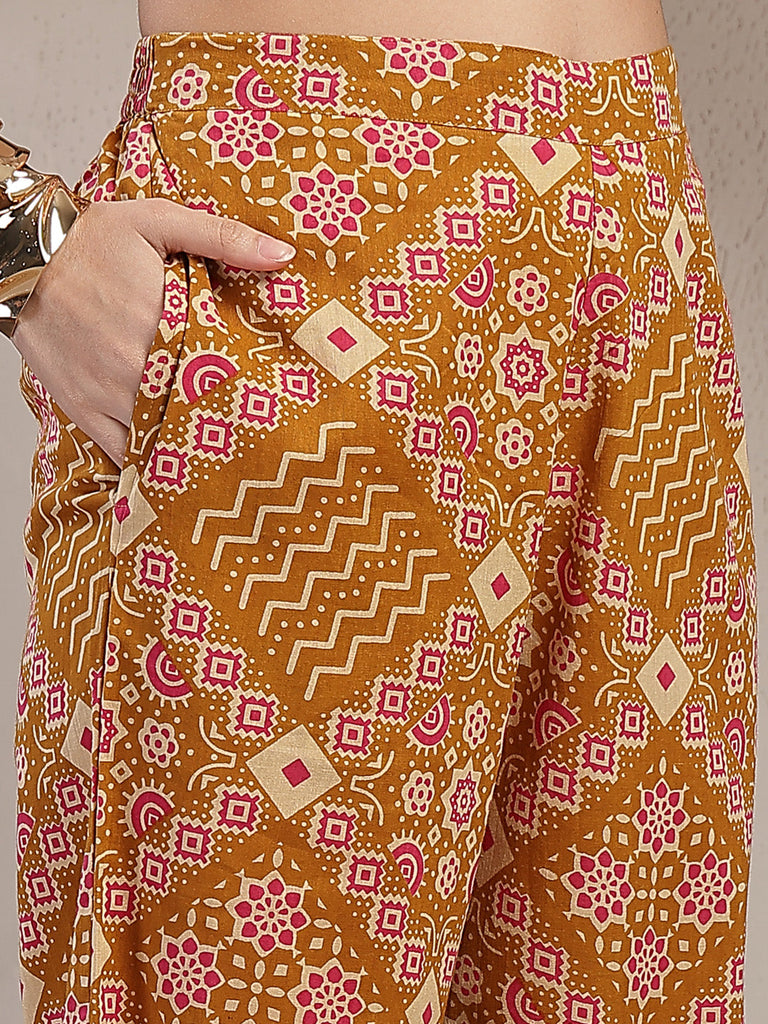 Women's Mustard Ethnic Printed Cotton Co-Ord Set