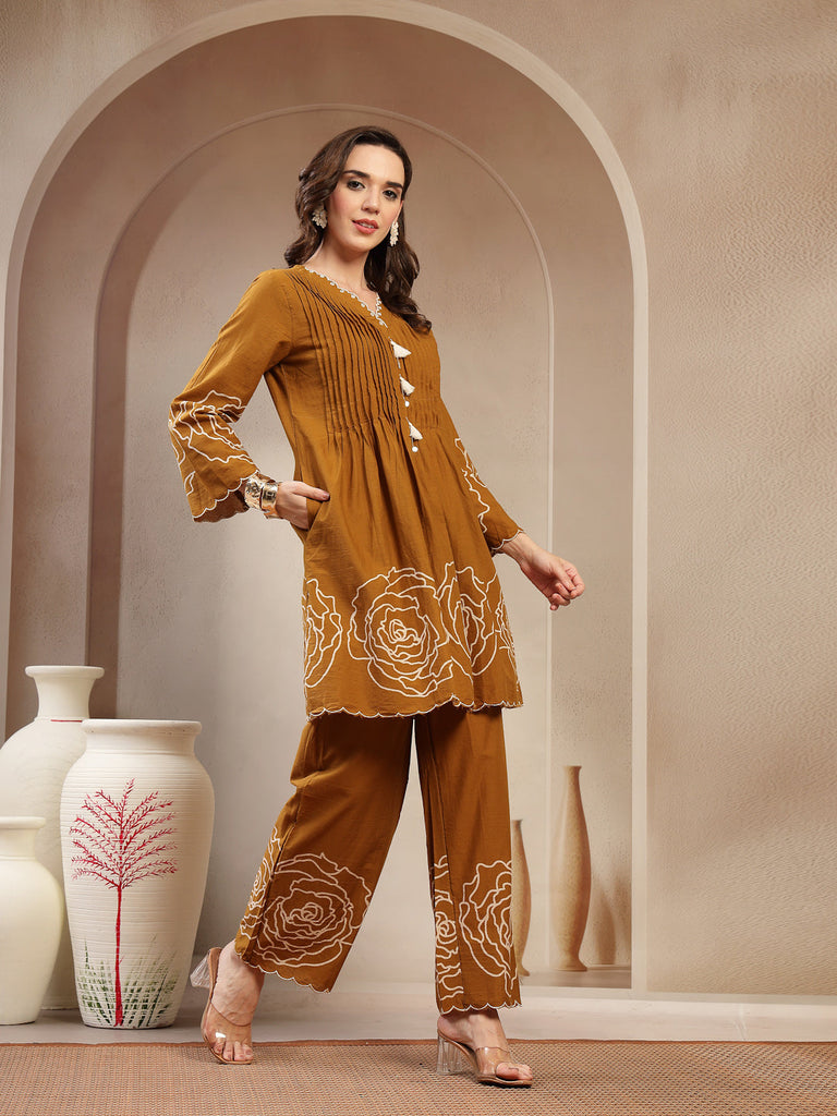 Women's Mustard Floral Printed & Embroidered Cotton Co-Ord Set