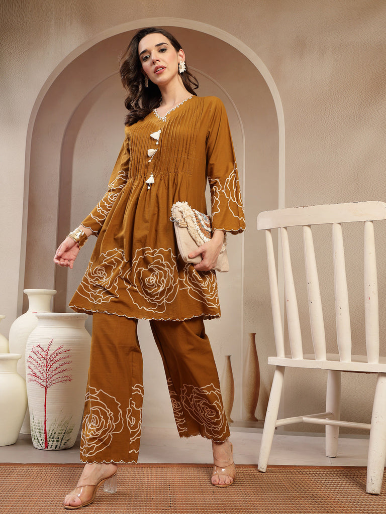 Women's Mustard Floral Printed & Embroidered Cotton Co-Ord Set