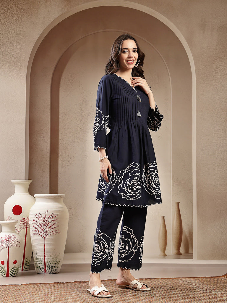 Women's Navy Blue Solid & Embroidered Cotton Co-Ord Set