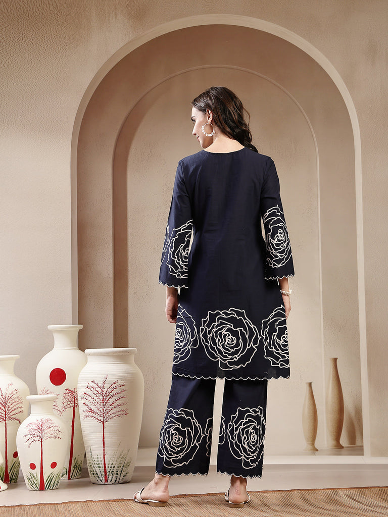 Women's Navy Blue Solid & Embroidered Cotton Co-Ord Set